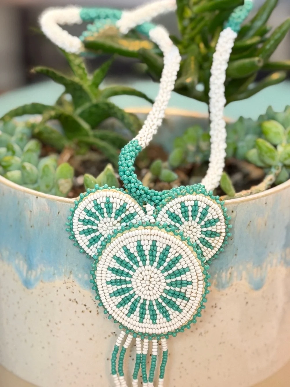 Turquoise and White Beaded Medallion Necklace Set